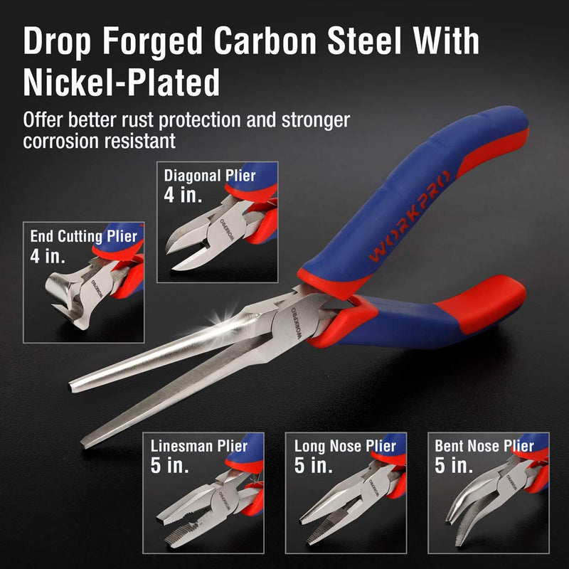 WORKPRO 6-piece Mini Pliers Set - Needle Nose, Diagonal, Long Nose, Bent Nose, End Cutting and Linesman, for Making Crafts, Repairing Electronic Devices, with Pouch Blue