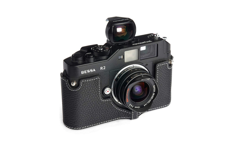 Voigtlander Bessa R2 Case, BolinUS Handmade Genuine Real Leather Half Camera Case Bag Cover for Voigtlander BESSA R4M R4A R3M R3A R2S R2C R2A R2M R2 T Camera with Hand Strap (Black) Black