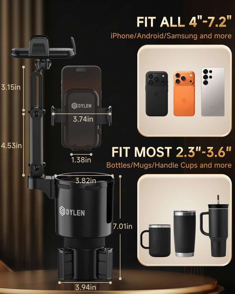 DYLEN Cup Holder Phone Holder for Car, 2 in 1 Cup Holder Phone Mount | Long-Arm Supports 360° Rotation, Adjustable Base, Car Phone Holder Compatible with All Cell Phones| Anti-Slip&No Shake Design
