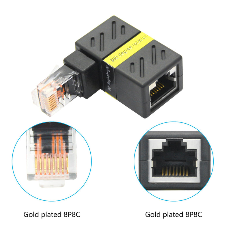 90 Degree Cat 6 Ethernet Extender Adapter, 180 Degrees Rotated RJ45 Male to Female Network 1000Mbps Adapter Connector, for Computers, Laptops, Routers - 2 Pcs