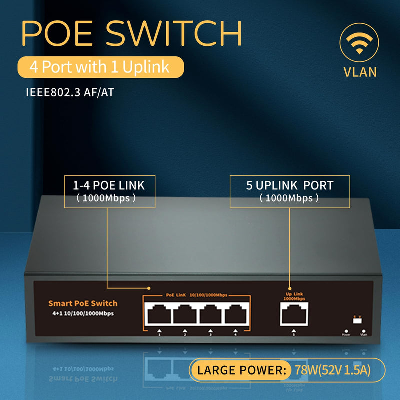 4 Port Gigabit POE Switch 2025 with 1 Gigabit Uplink, 4 POE+ Port1000Mbps,78W 802.3af/at,Metal Desktop WallMountable,VLAN Function,250 Meters Extend,Metal FanlessPlug and Play Network Switch G0410GB-A