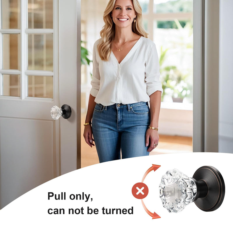 KNOBWELL Glass Door Knobs in Oil Rubbed Bronze Finish, Individual Dummy Crystal Door Knobs for Interior Door, Keyless Non-Turning Interior Door Knob, 1 Pack