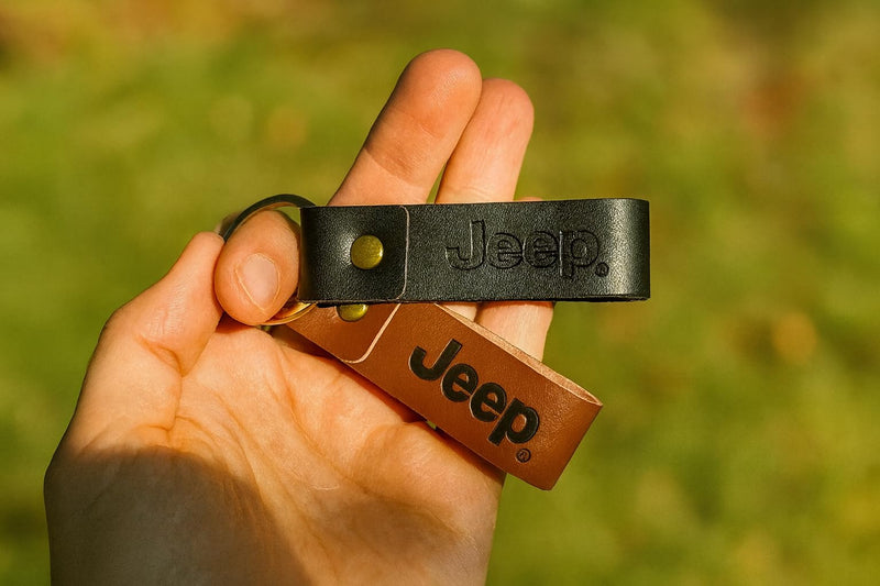 Jeep Keychain Genuine Leather - Officially Licensed Key Chain Wrangler Gladiator Cherokee Jeep Accessories Brown