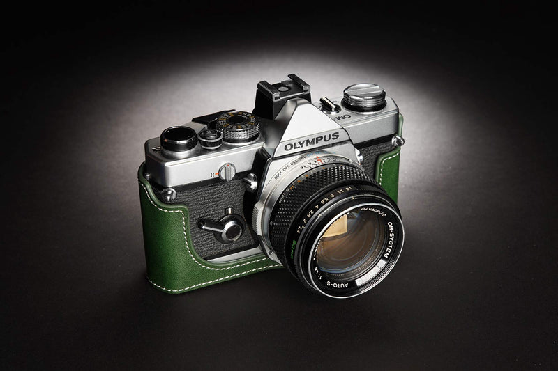 OM-4 Case, BolinUS Handmade Genuine Real Leather Half Camera Case Bag Cover for Olympus OM-1 /1N OM-2/2N OM-3/3Ti OM-4/4Ti (No Handle) Camera with Hand Strap (Green) Green