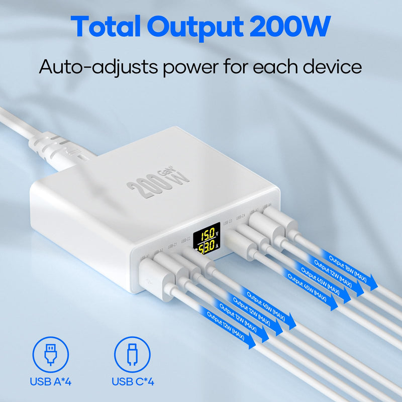 200W USB C Charger 8-Port with LED Display USB Charging Station | GaN Multiport Fast Charger Block PD QC 3.0 PPS USBC Charging Hub Compatible with iPhone Samsung Mac Laptop Pad, Matte White
