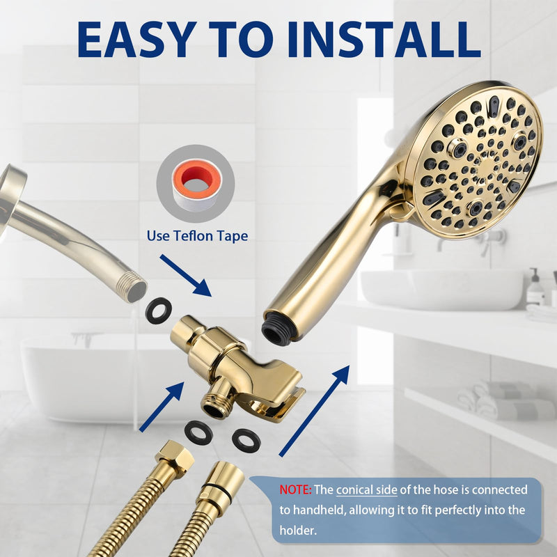 High Pressure 10 Setting Handheld Shower Head, 5" Detachable Showerhead Spray Built-in Power Wash to Clean Tub, Tile & Pets, 79" Extra Long Stainless Steel Hose, Adjustable Bracket - Gold Zirconium Gold