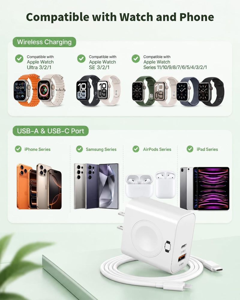 Charging Block for Apple Watch Charger,3 in 1 23W USB C Charging Block Build in Wireless iWatch Charger with 6FT USBC Cable Travel Wall Adapter Compatible with iWatch 11/Ultra/SE/10,iPhone 17/16,iPad