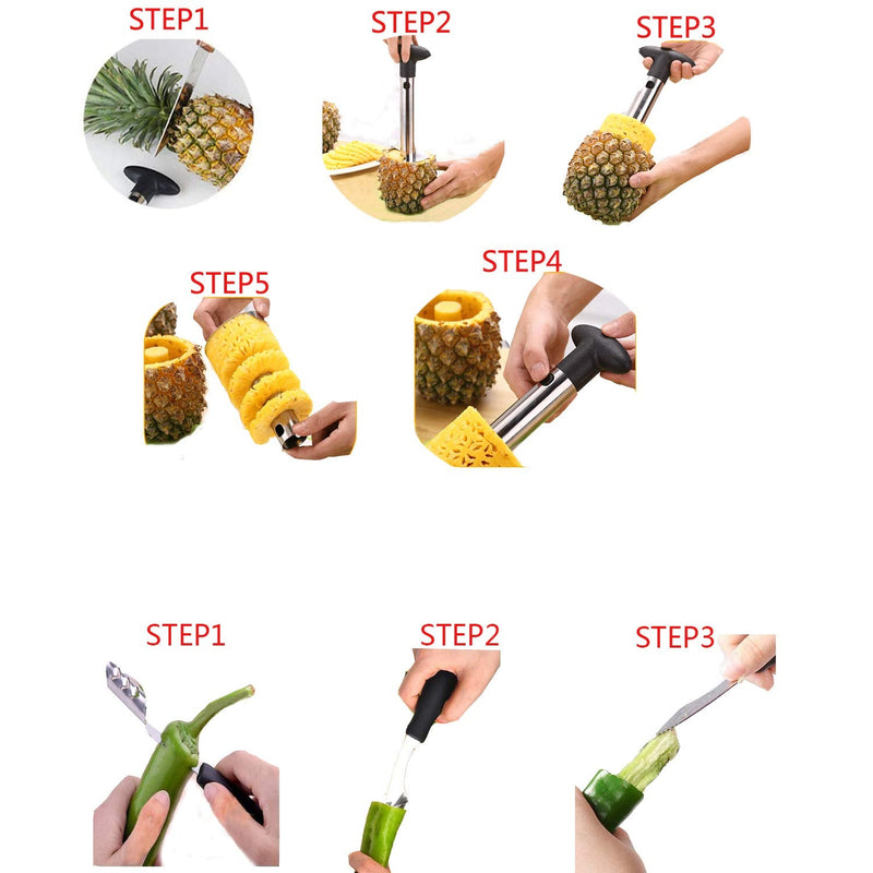 Pineapple Corer Peeler Slicer Cutter, Lemon Press Squeezer Manual Juicer, Apple and Jalapeno Pepper Corer Remover, yamesu 4-piece Set Kitchen Tools Apple Pineapple Pepper Lemon