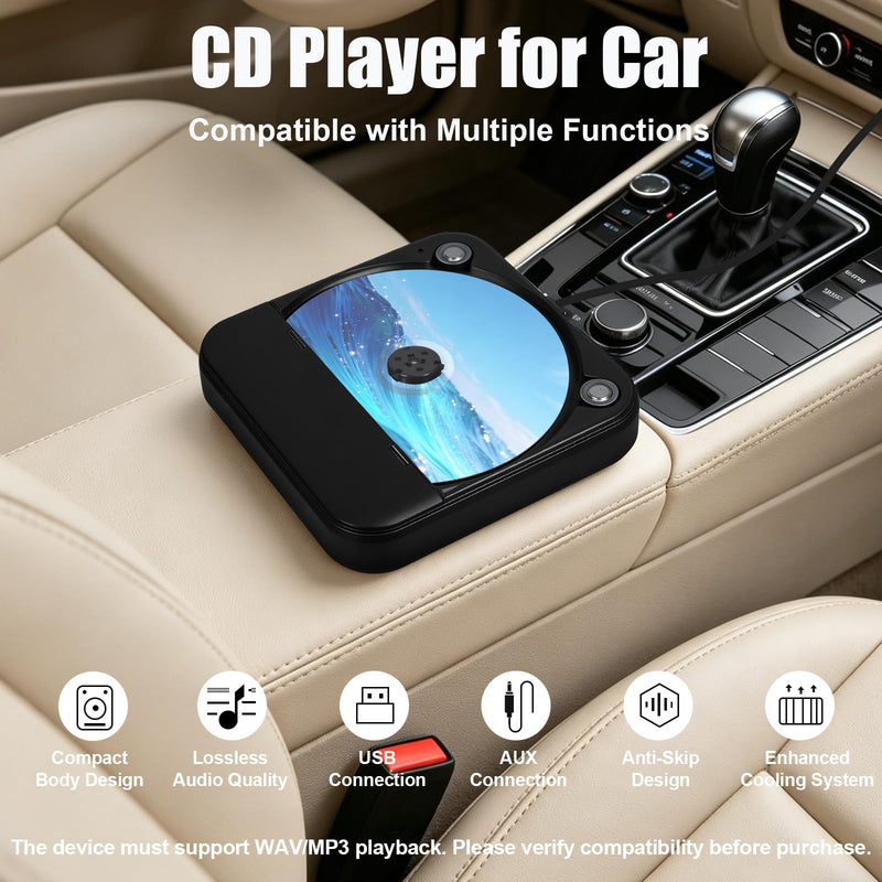 Portable CD Player for Car, External Car CD Player (Black) | USB Plug and Play, AUX Port, USB Extension Cable, Personal CD Players for Laptop/Computer/TV Black