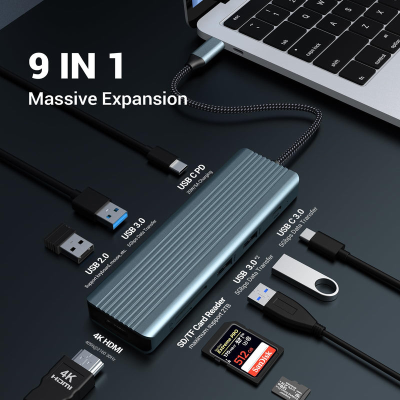 USB C Hub, Docking Station - 9 in 1 USB C Adapter with 4K HDMI, Dual Monitor USB C Hub(100W PD Charging, SD/TF Card Reader, and USB 3.0/2.0) for Type C Devices
