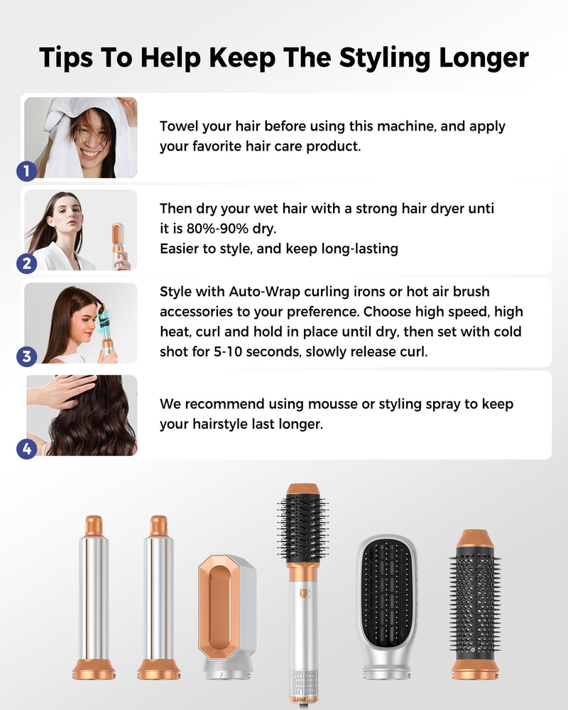 MogaWave Airbrush Pro Hair Styler 6 in 1 Air Styler with Hair Dryer, Blow Dry Hair Brush, H Curler, Magic Airstyler Multi Hair Stylers for Drying and Styling Straightening Volumizing Curling Sleeking Gold