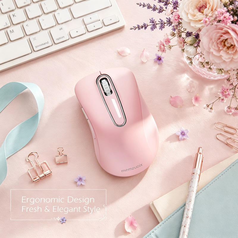 memzuoix 2.4G Silent Wireless Mouse, 1400 DPI Mobile Optical Cordless Mouse with USB Receiver, Portable Computer Mice for Laptop, PC, Desktop, MacBook, 5 Buttons (Pink) Pink