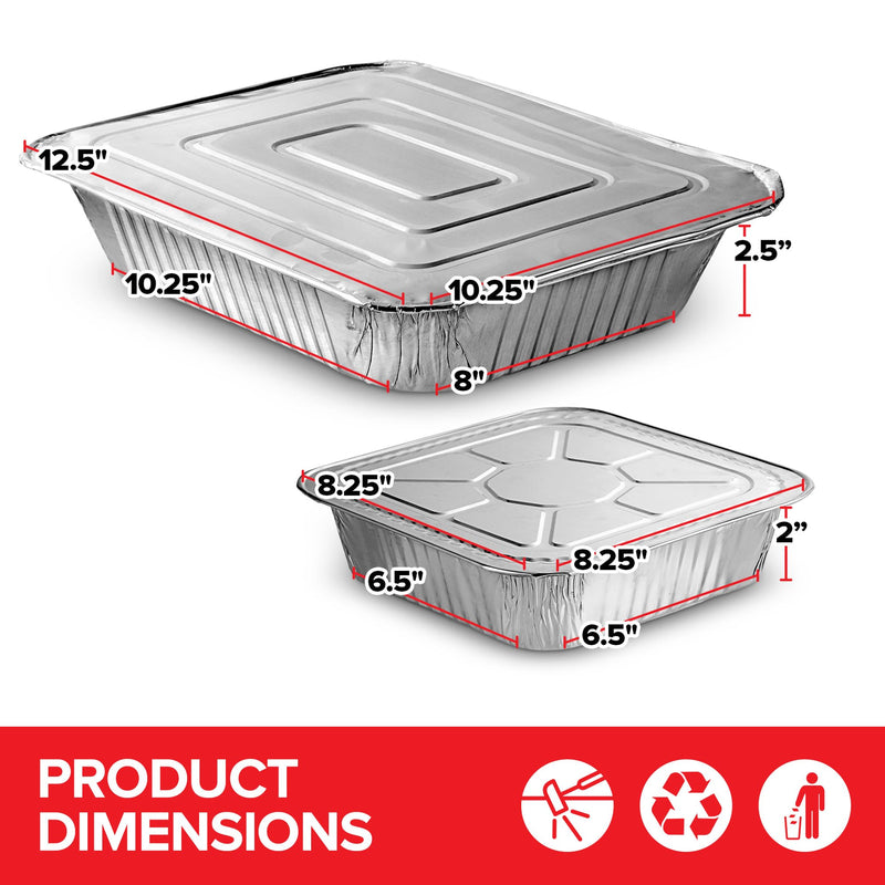 Disposable Foil Pans with Lids (Set of 20) Heavy Duty Aluminum Pans with Lids 9x13 (x10), 8x8 (x10) Baking Tins with Covers for Cooking, Heating, Storing, Food Prep, Holiday Dinner Meals, Silver