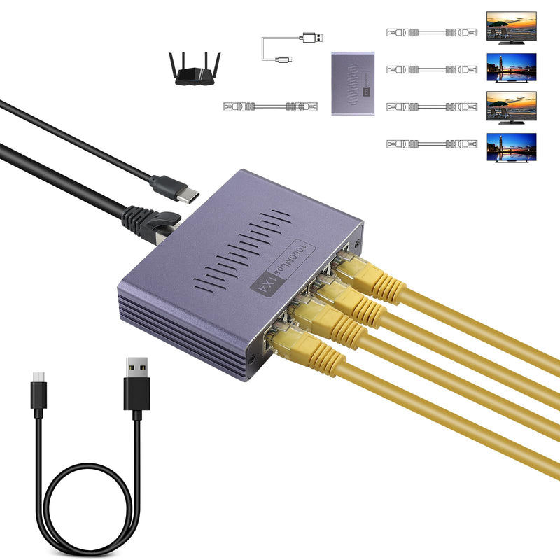 Gigabit Ethernet Splitter 1 to 4 - Network Splitter with USB Power Cable, RJ45 Internet Splitter Adapter 1000Mbps High Speed for Cat 5/5e/6/7/8 Cable [4 Devices Networked Simultaneously] (ES-1X4) ES-1X4