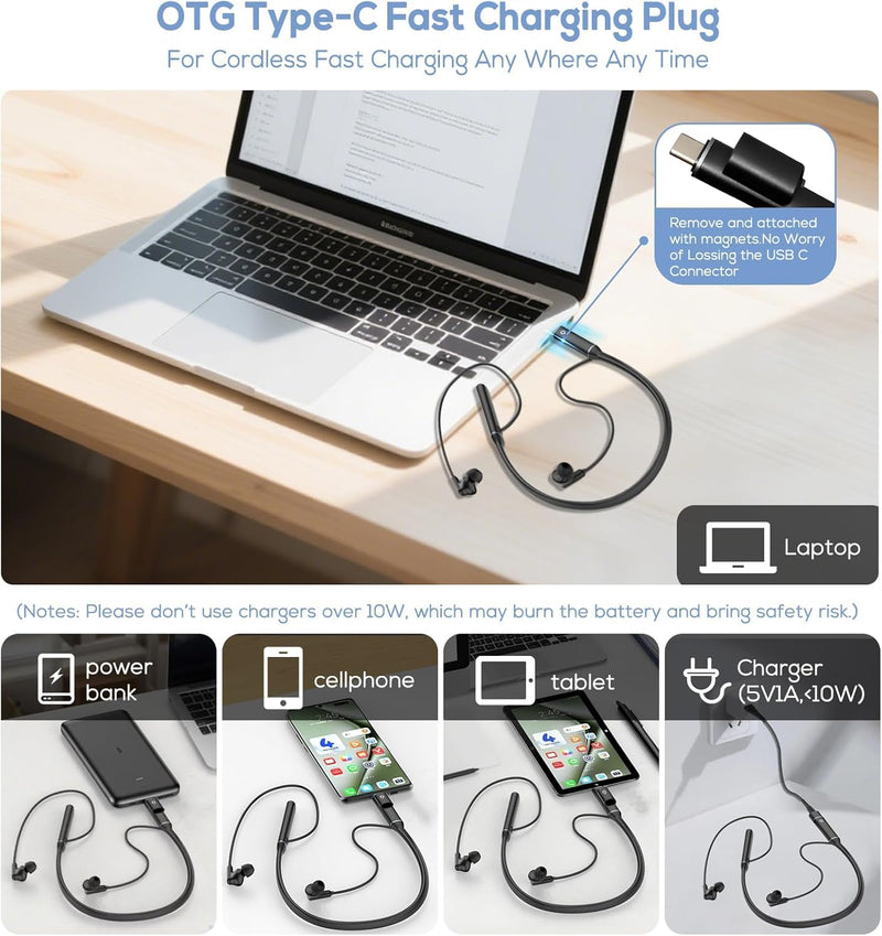 Hmusic A3 OTG Neckband Headphone, 3-EQ Mode/Dual USB-C Charging/12mm Driver | 35H Playtime, Bluetooth 5.4, Magnetic Earbuds, Connect with 2 Devices, Around Neck Wireless Earphone for Office/Travel/Sports GunGrey