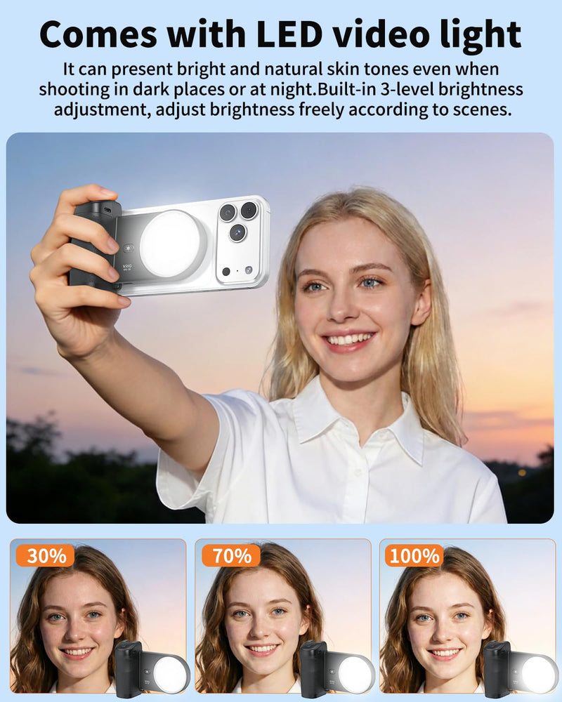 VRIG MG-35 Magnetic Phone Camera Grip for iPhone/Android with Detachable Wireless Shutter Remote,Three-Gear Adjustable Fill Light, 1/4" Tripod Screw - Comfort Ergonomic Camera Grip Handle Holder MG-35 Grip