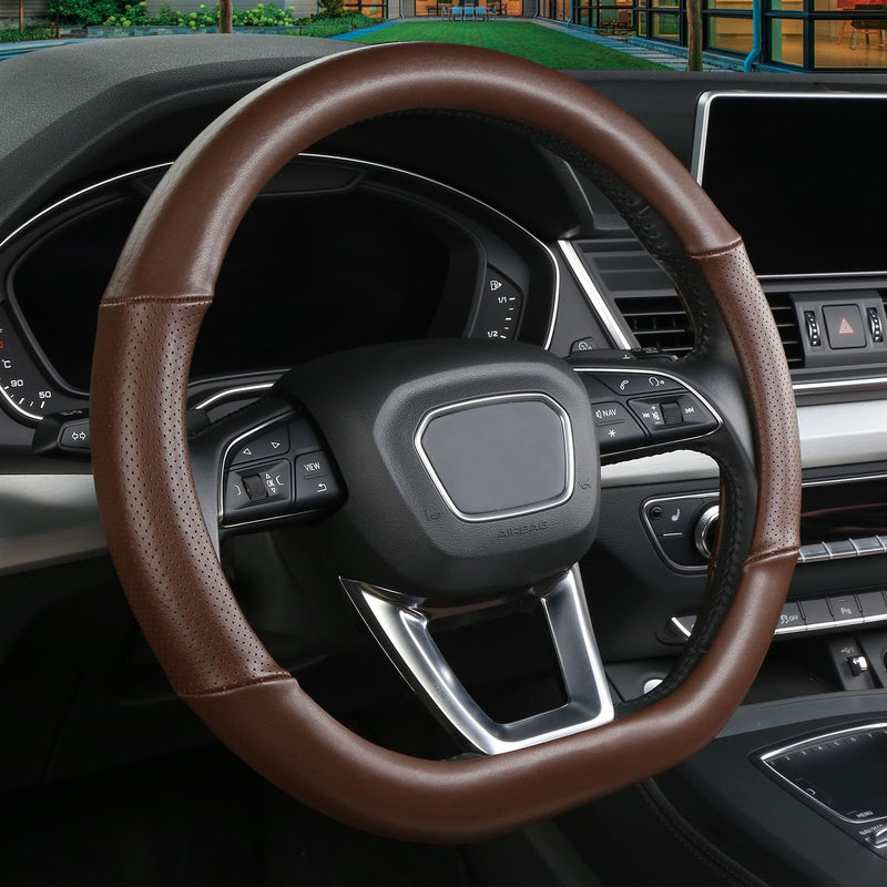 Cxtiy D Shaped Steering Wheel Cover, Genuine Leather Flat Bottom Stearing Wheel Cover Luxury Car Accessories 14 1/2-15 inch (Brown) Brown