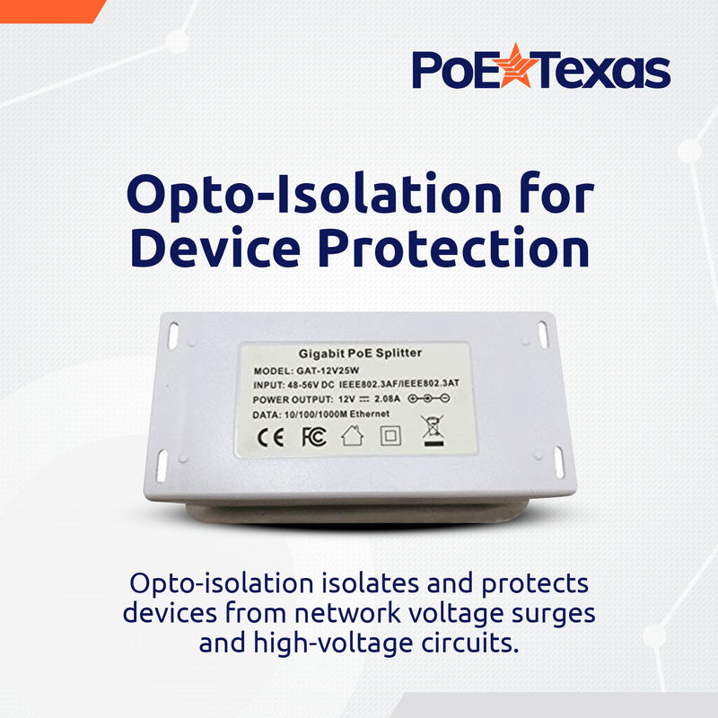 PoE Texas 12 Volt PoE+ - IEEE 802.3at - Splitter Splits Power Over Ethernet to 12v DC & Gigabit Data with Opto-Isolation Protection for 12v 25w Devices, Tablets, Single Board Computers, PTZ Cameras