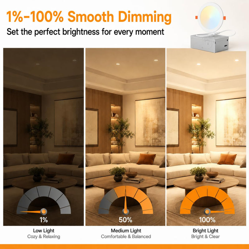 ORALUCE LED Recessed Lighting 6 Inch with Junction Box, 2 Pack | Ultra-Thin,5CCT 2700K/3000K/4000K/5000K/6500K,CRI90+,12W 100W Eqv 1050LM Canless Downlight for Kitchen Living Room