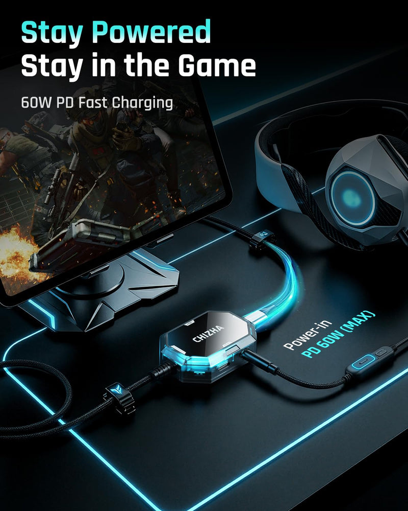 Chizha Gaming Audio Hub for USB-C Devices, Low-Latency Wired Gaming DAC Adapter with 3.5mm Headphone Jack, PD Fast Charging & RGB Lighting, Compatible with iPhone16/15, Android Phones, Steam Deck Straight