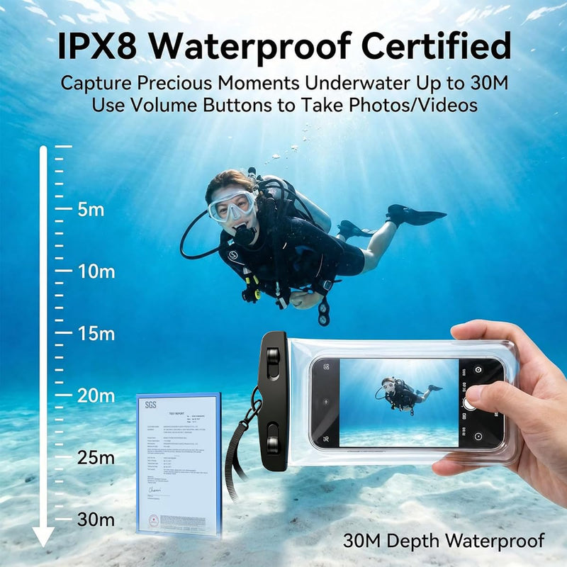 IPX8 Waterproof Phone Pouch[Anti-Pop Lock]Dustproof Outdoor Phone Protector | with Touch Screen Dry Bag Case with Lanyard,Beach &Cruise Essentials Gifts for iPhone 17 16 15 14 Pro Max,Galaxy S26 S25,7.2" Black