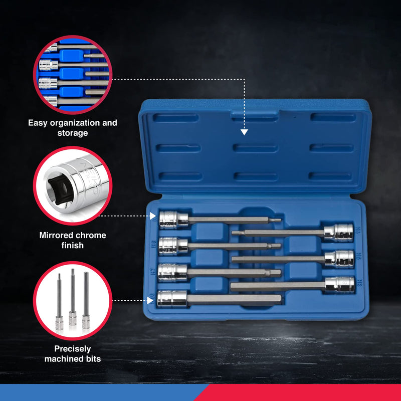 Neiko 10076A 3/8-Inch Drive Extra Long Allen Hex Bit Socket Set, Metric, 3 mm - 10 mm | S2 and Cr-V Steel, 7-Piece Set 7 Piece