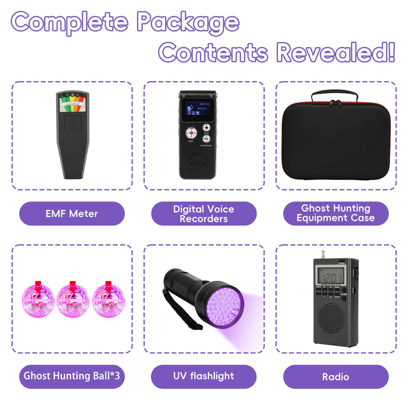 8 Pcs Ghost Hunting Kit with 1 EMF Meter,1 EVP Recorder,1 Spirit Box,1 UV Light,3 LED Light up Cat Balls & 1 Carrying Case UV Light Pro Kit