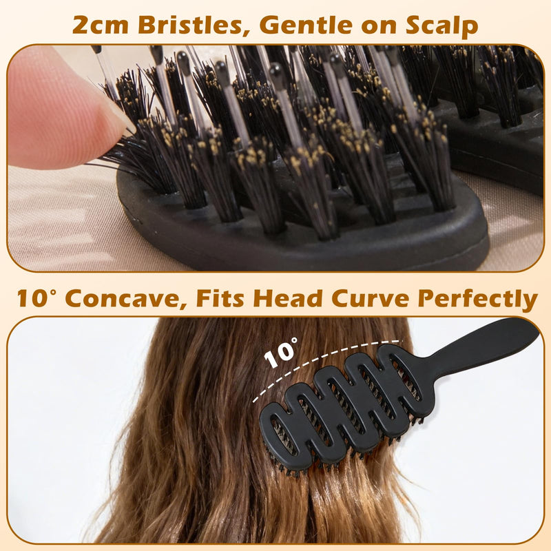 Bristle Hair Brush, Slick Back Styling Brush with 10° Concave Design, 5-Hole Hot Air Flow for Quick Drying, Detangling & Anti-Frizz, Scalp Massage Hairbrush Suitable for All Hair Types Black