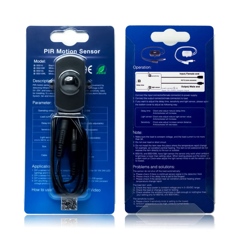 2 Pack Sensky BS010H DC 12V to 30V 3A Mini Pir Motion Sensor Switch,Occupancy Sensor Switch for Kitchen Cabinet, Pantry, Closet led Lighting (Delay Time, Sensor Distance, Adjustable) 2 Piece,Black-Without Light Sensor