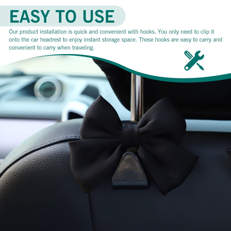 2PCS Car Seat Headrest Hooks, Car Purse Hook for Car, Cute Bow Car Rear Seat Storage Hooks, Interior Decorating Accessories for Purses, Bags, Umbrellas (Black) Black