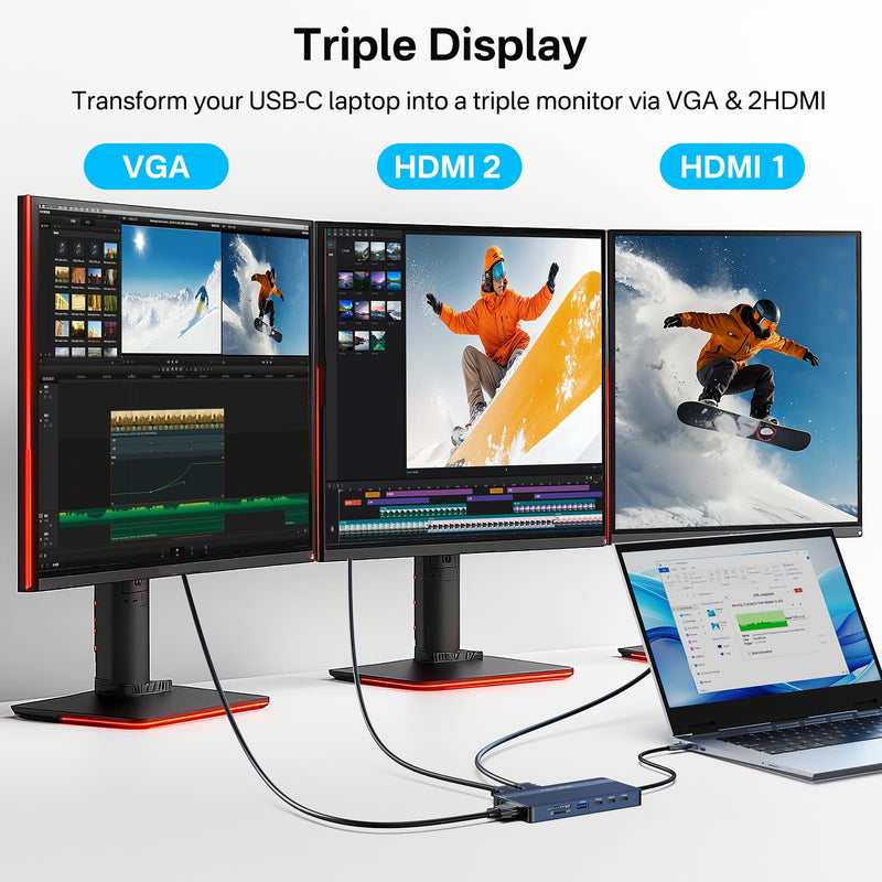 ACASIS USB C Docking Station Dual HDMI Monitor,14 in 1 Laptop Docking Station 3 Monitors, 2 * 4K HDMI+1080p VGA+100W PD+Ethernet+5*USB 3.1+SD/TF+Audio Adapter, USB C Hub for Dell/Lenovo/HP/ThinkPad Grey