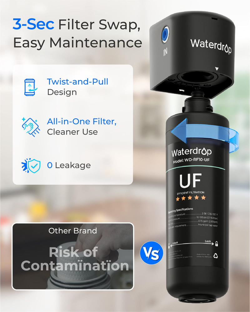 Waterdrop RF10-UF 0.01 μm Water Filter Replacement for Waterdrop 10UA/10UA-UF/10UB/10UB-UF Under Sink Water Filter, 1 Year, 1 Pack (Not Compatible with TSA-UF) Black