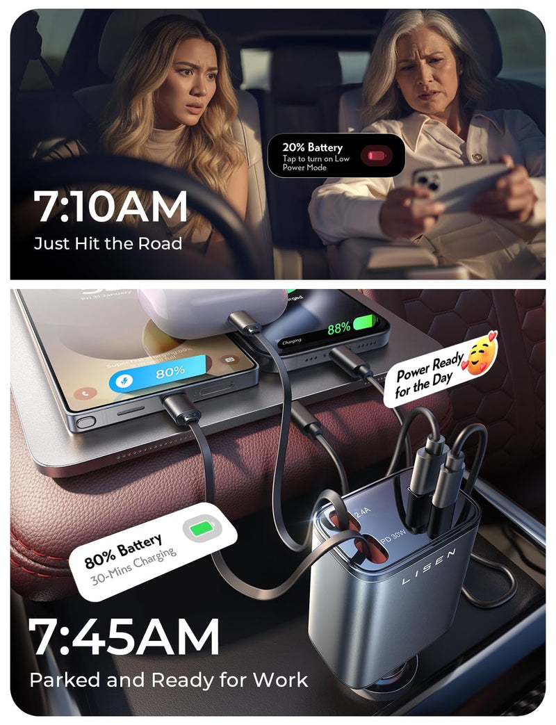 LISEN Retractable Car Charger, [2026 Upgrade 50 inch ] Long 4 in 1 Retractable Cable Car Charger, USB C Car Charger Fast Charging for iPhone 17 16 15 14 13 12 11 X Pro Max Plus Mini, Samsung S26 | Multiple Ports Car Charger, Retractable Car Charger Fas...