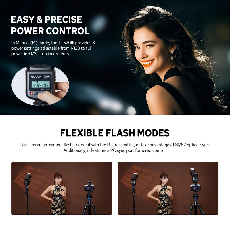 Godox TT520III Camera Flash Speedlite, GN 33 Flash Speedlight with RT-16 Wireless Trigger Transmitter, S1/S2 Optical Sync, PC Sync Port for Canon/Sony/Fujifilm/Nikon/Panasonic/Olympus