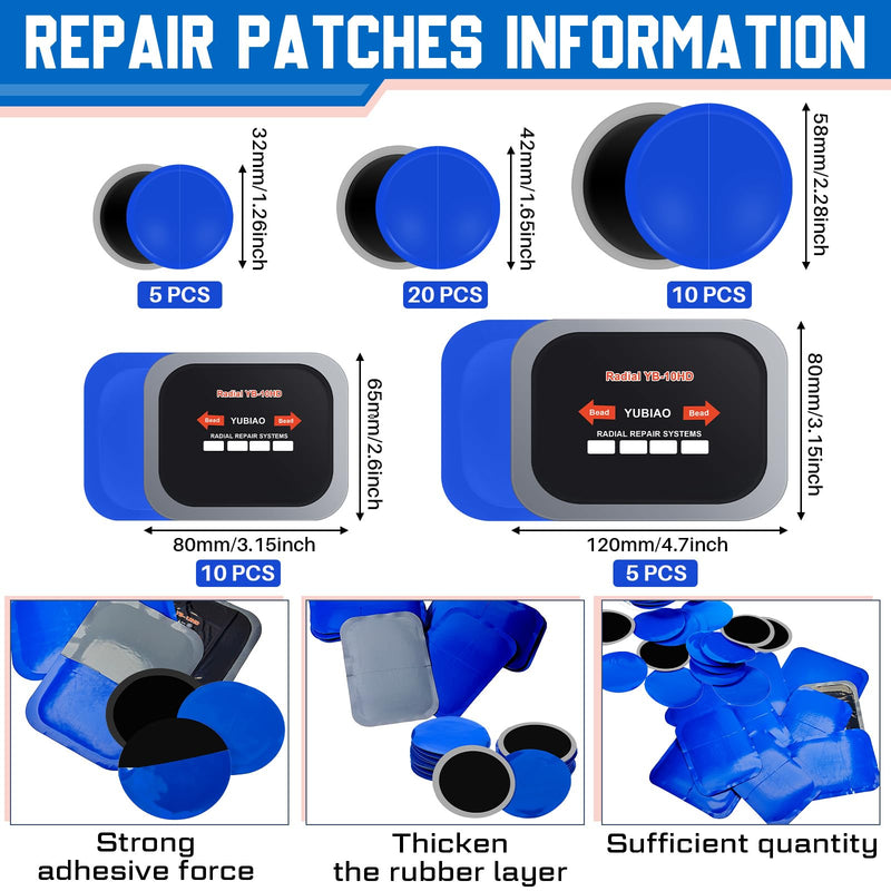 Tallew 50 Pcs Tire Patches 5 Sizes Rubber Radial Tire Repair Patch Plug Kit Emergency Repair Tool for Puncture Car Truck Bus Tractor Vehicle Motorcycle 32, 42, 58, 65x80, 85x120 mm