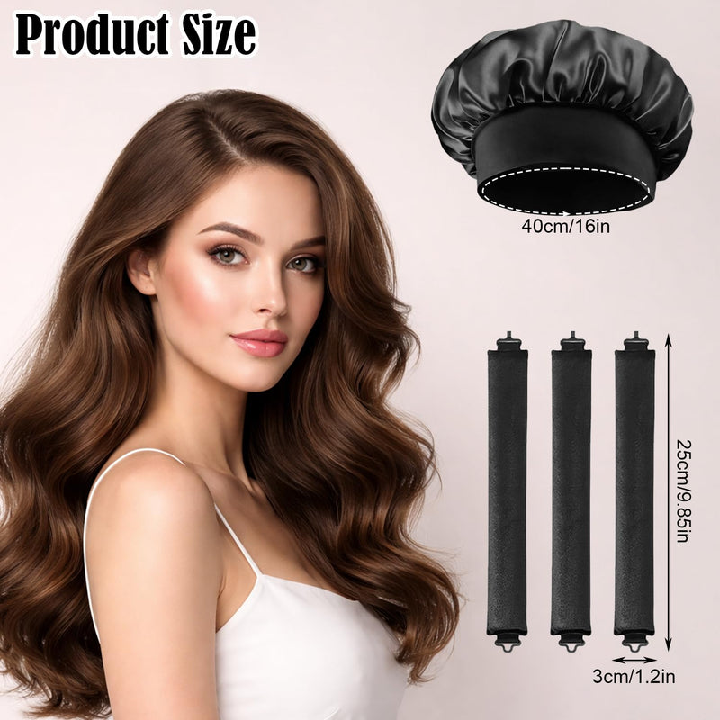 Heatless Curling Rods 3PCS, No Heat Hair Rollers with Satin Bonnet, Overnight Flexi Bars for All Hair Types(Black) Black