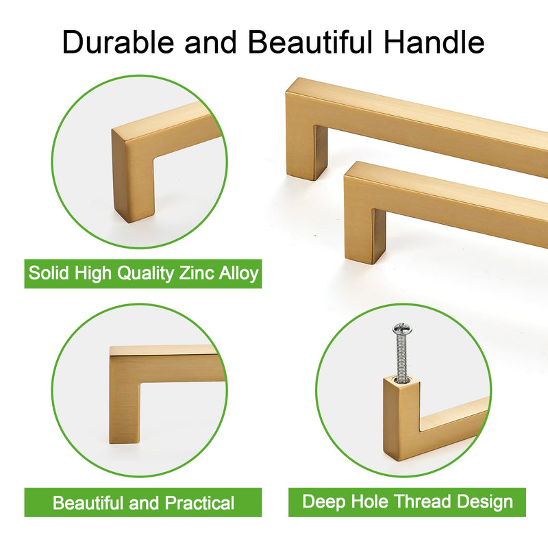 TUNNY 10 Pack Square Solid Cabinet Handles-3"/76mm Screw Spacing Brushed Champagne Gold Furniture Hardware Handles for Kitchen Cabinets Bedroom Dresser Wardrobe Cabinet Pulls 3"(76mm)Hole Center-10Pcs PULL
