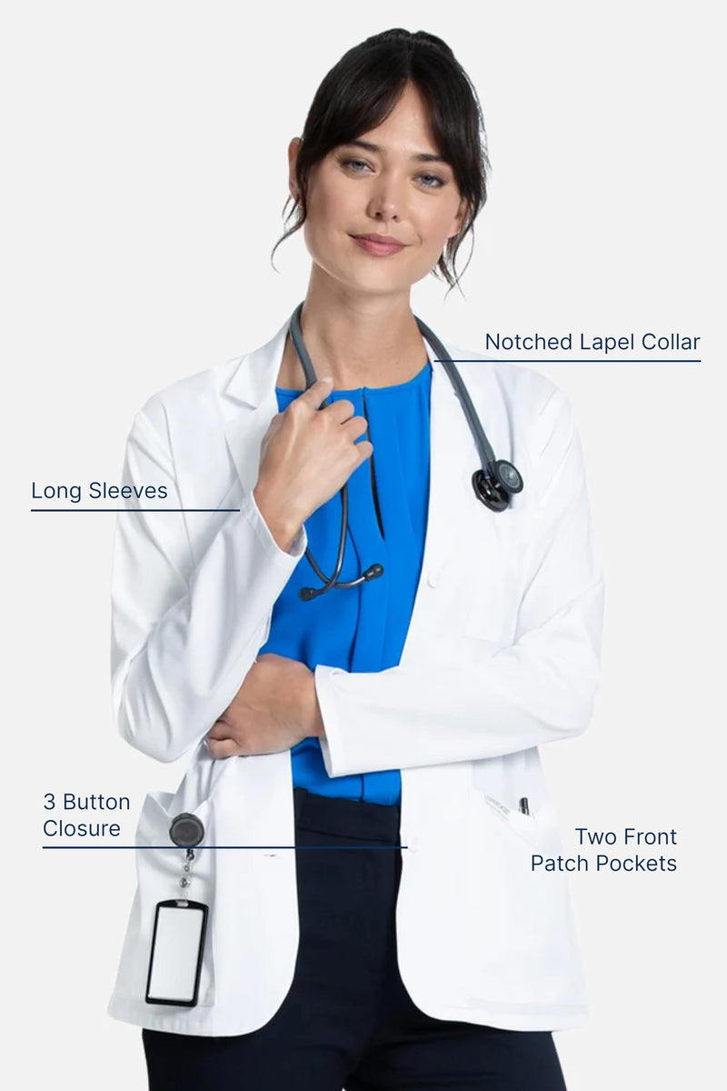 Cherokee Lab Coat Women 28" & 30" Medical Scrub Consultation Lab Coat Long Sleeve with 3 Pockets Easy Care - CK451 Standard Size 28" Medium White