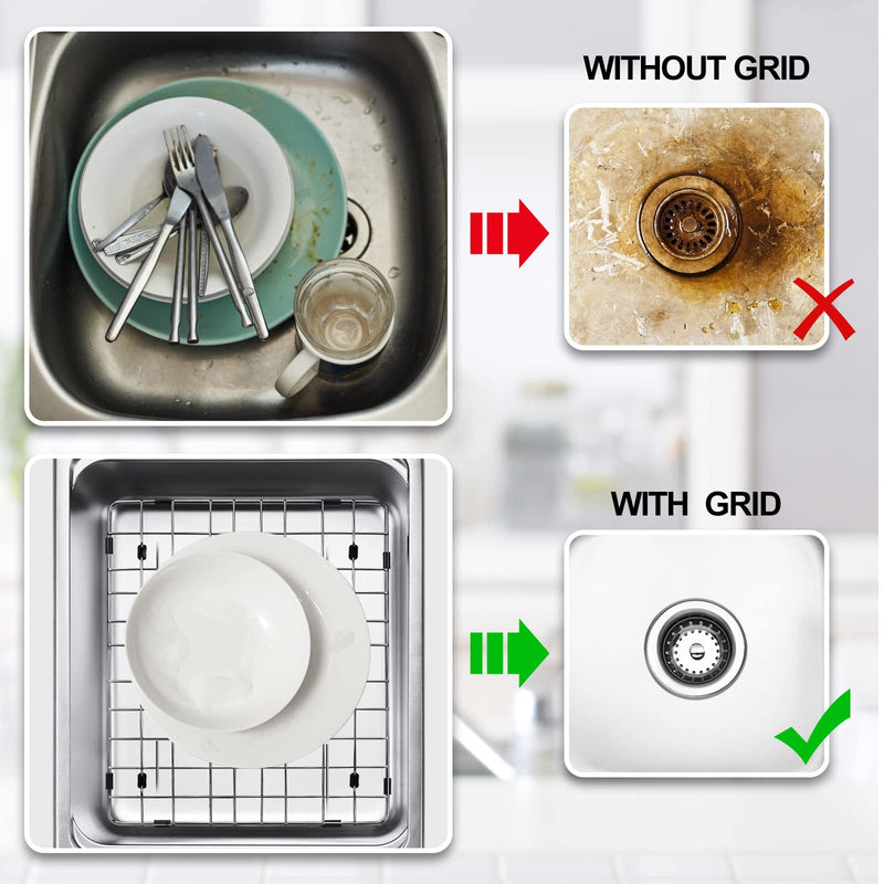2pcs ARLBA Upgraded 15"x13" 304 Stainless Steel Sink Protectors for Kitchen Sink 15.5"x13.5" Rear Drain,Metal Sink Grid & Sink Rack for Bottom of Sink, Sink Gate Scratch Protection w/Sink Strainers