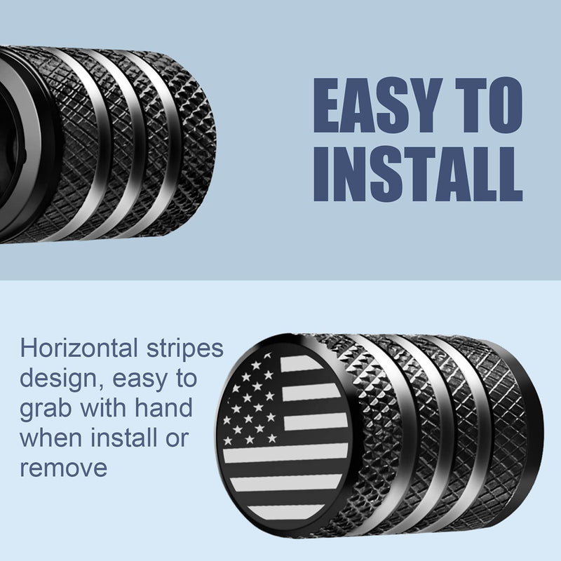 Tire Valve Stem Cap Cover - (12 Pack) Tire Air Cap Metal with Plastic Liner Corrosion Resistant Leak-Proof American Flag for Car Truck Motorcycle Bike Black