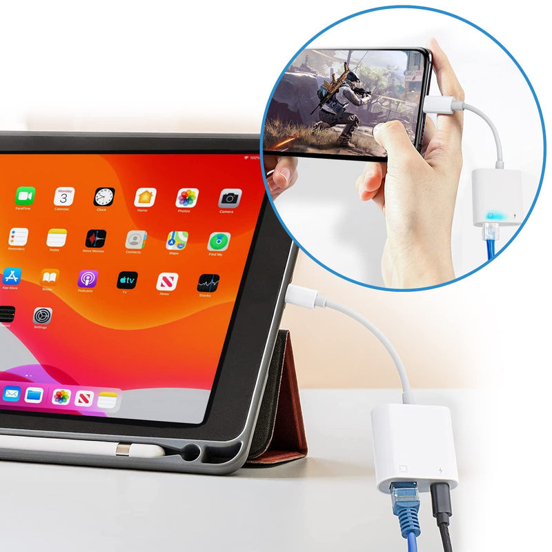 Lightning to Ethernet Adapter with Charging for iPhone/iPad [Apple MFi Certified] 2 in 1 RJ45 Ethernet High Speed iPhone LAN Network Adapter Support 100 Mbps Ethernet Network Lightning to Ethernet Adapter