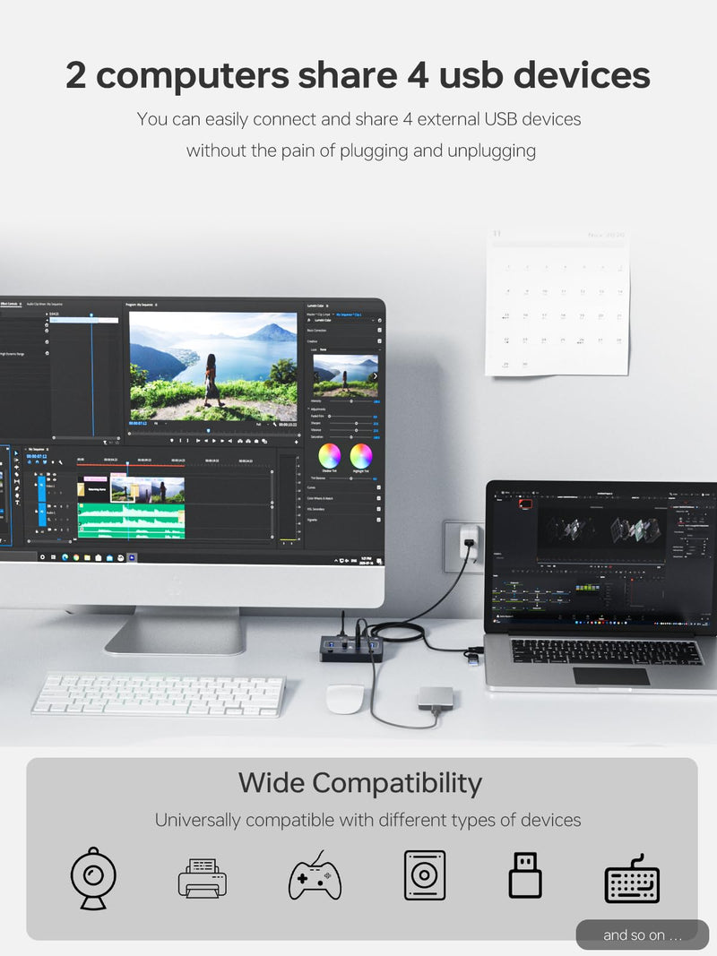 USB 3.0 Switch for USB A & C Devices - Aluminum Alloy USB Switch, Independent Port Control for Mouse, Keyboard, Printer - USB Switcher 2 Computers