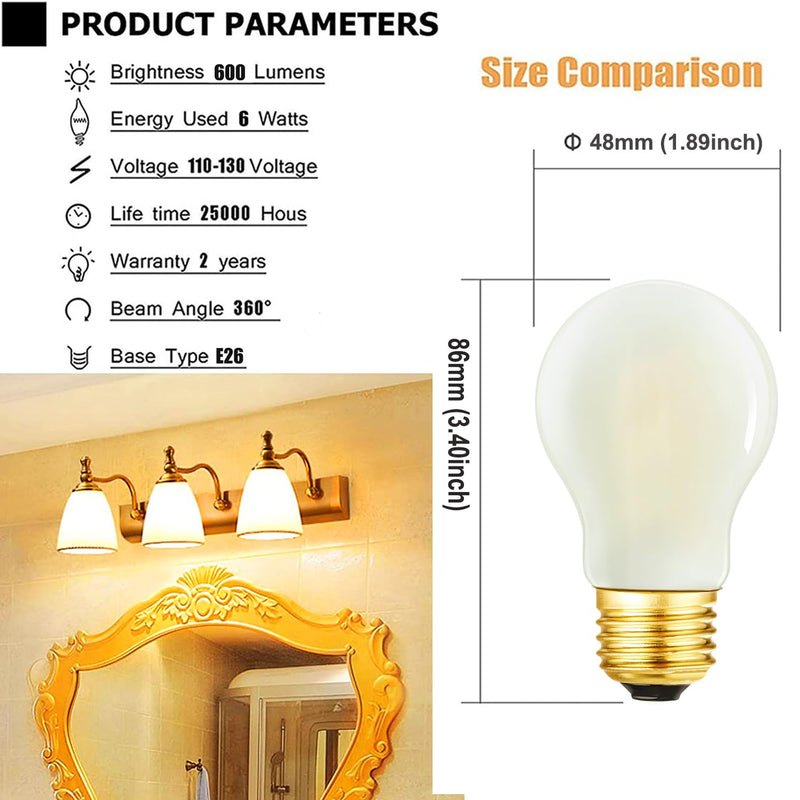 E26 Edison Bulb 6W=60 watt Light Bulb Frosted Dimmable Warm White 2700K Edison Light Bulb 60 Watt AC120V A15 led Bulb for Ceiling Fan,Vanity,Refrigerator,Wall scones 600lm E26 Light Bulb 6Pack 6w=60w 2700k Warm White
