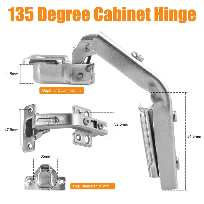 HBL' 165° & 135° Soft Close Cabinet Hinges for Lazy Susan Bifold Doors, Concealed European Hinges, Full Overlay, Adjustable Hinge, 2 x 165° + 2 x 135° Hinges for Pie Cut Corner Cabinets 1 Set