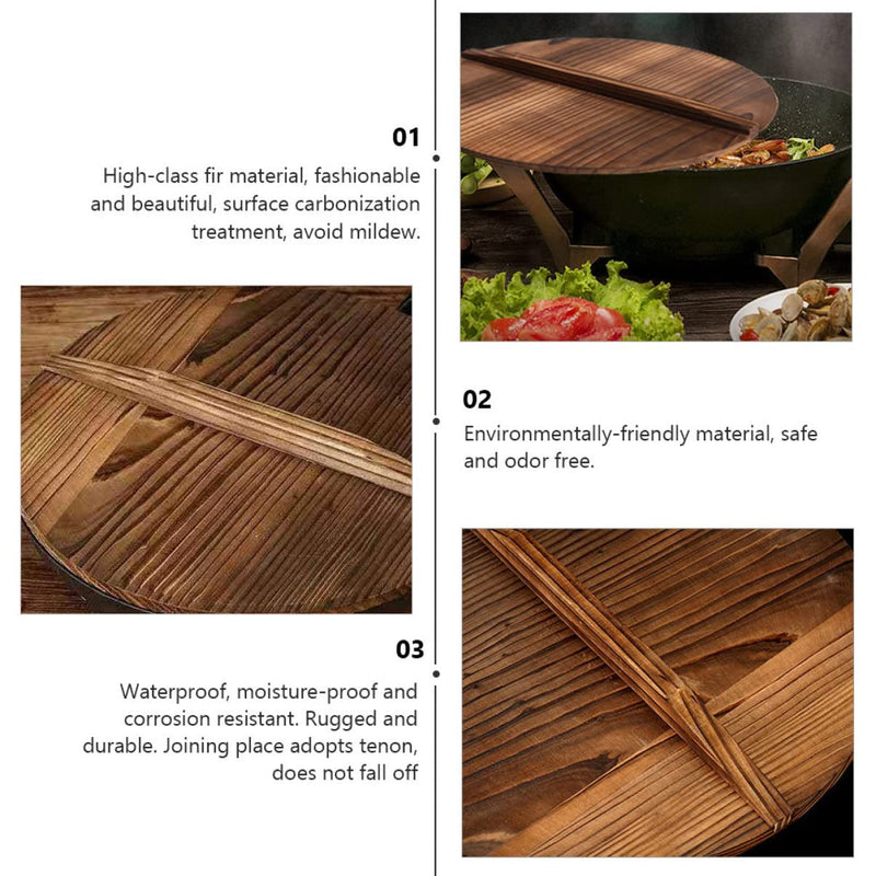 Cabilock Wooden Wok Lid 15 Inch Cast Iron Pan Cover with Handle Anti-Overflow Pot Protector for Stove Top Cooking Lightweight Kitchen Lid for Wok Pot and Pan 38X38CM Random Color