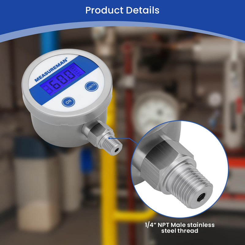 MEASUREMAN Economy Digital Pressure Gauge 2.5" Blue Backlit LCD, 0-60 PSI All Stainless Steel Case 1/4" NPT Connection 1% Accuracy 0-60psi