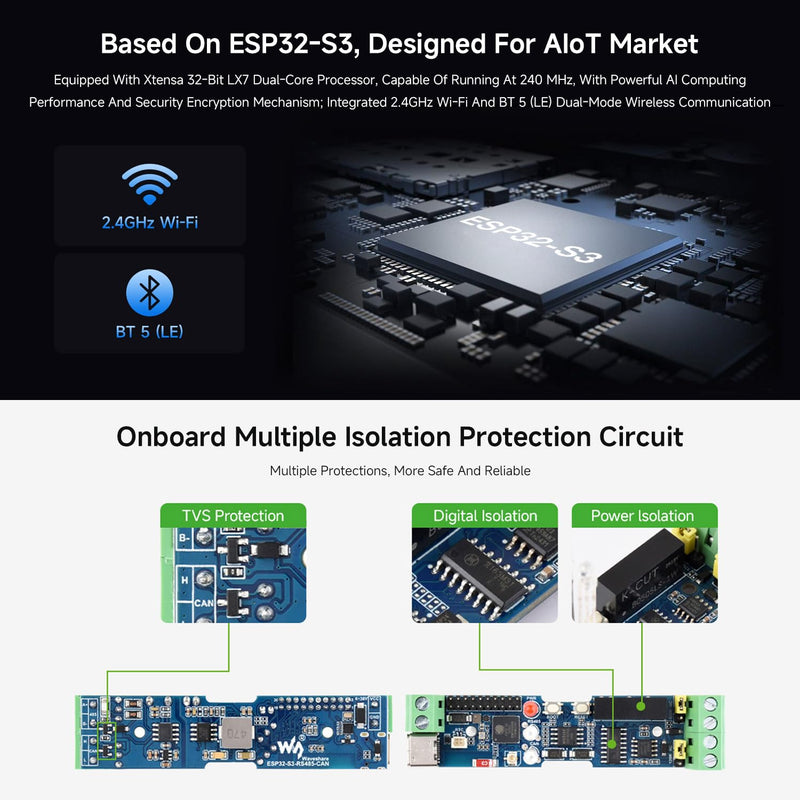 Waveshare Industrial ESP32-S3 Control Board with RS485 and CAN Interfaces | Supports Wi-Fi / BLE, Built-in Multiple Protection Circuits,power and optocoupler isolation, Safe & Stable & Reliable