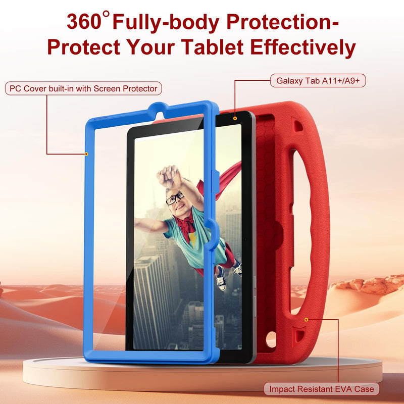 Kids Case for Samsung Galaxy Tab A11+ 2025 / A9+ 2023 11", Shockproof Cover with Built-in Screen Protector and Stand for Galaxy Tab A11 Plus / A9 Plus 11 Inch (Red+Blue) Red+Blue