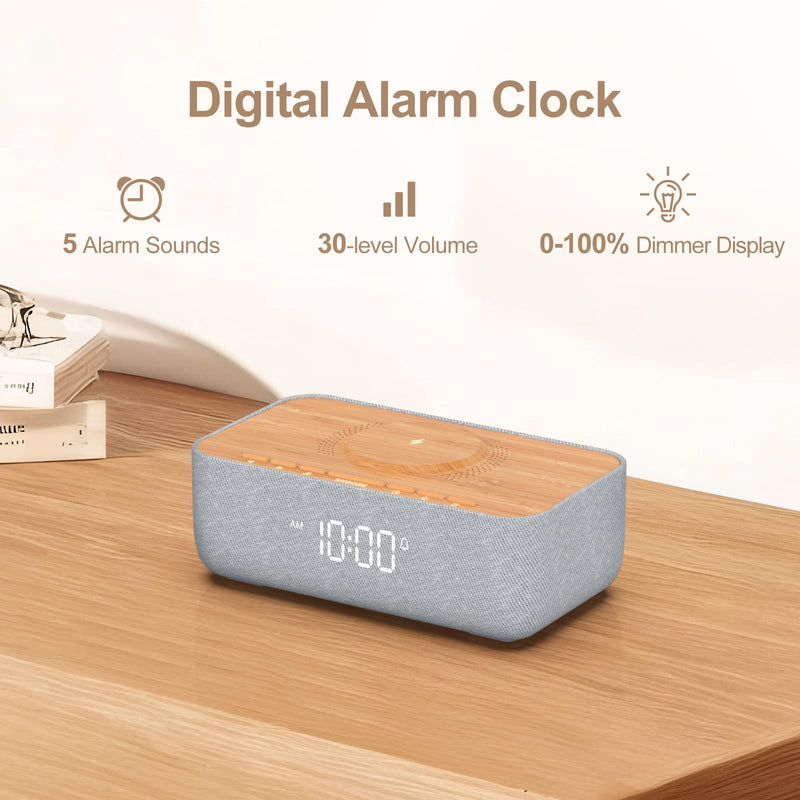 REACHER 15W Fast Magnetic Wireless Charging Alarm Clock with White Noise Machine, Woodgrain Style, 20 High‑Fidelity Sounds, Gradual Wake & Snooze, 0–100% Dimmable Digital Clock, Bedroom & Office Wood Grain