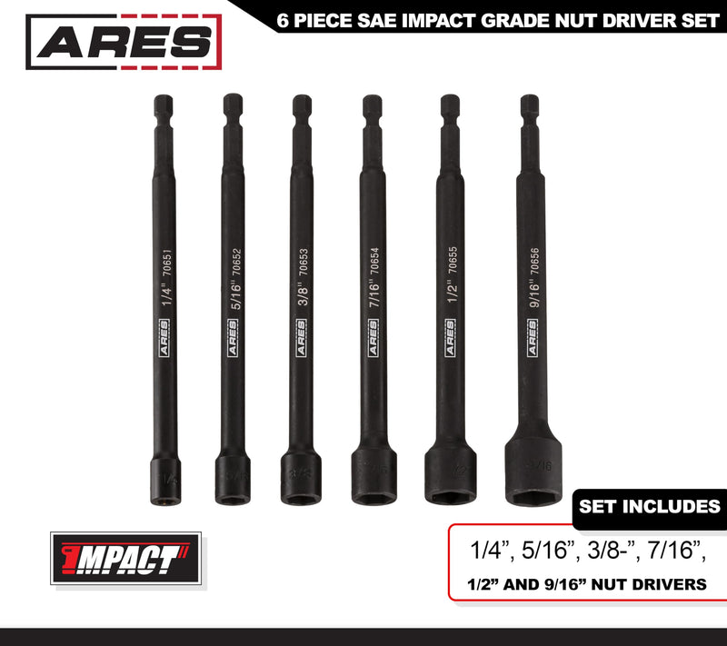 ARES 70650-6-Piece SAE Magnetic Impact Nut Driver Bit Set - Impact Grade Nut Setters with Industrial Strength Magnets 6pc SAE Magnetic Impact Nut Driver Set
